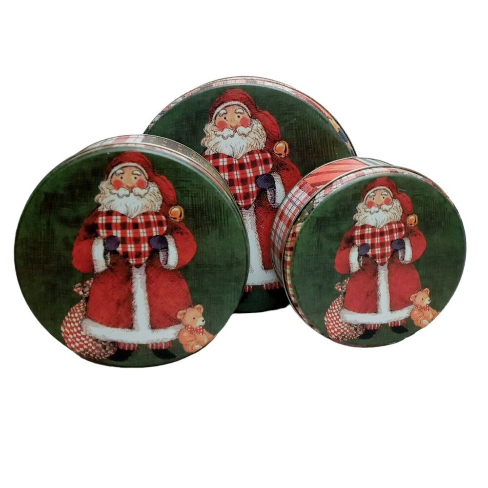 🎅 🏁Vtg Santa Nesting Tins Set of 3 Plaid Christmas Cookie Storage Farmhouse 🎁